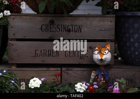 Chessington, Surrey - Chessington Garden Centre advertising name on crate in Pyrography, 2019 Stock Photo