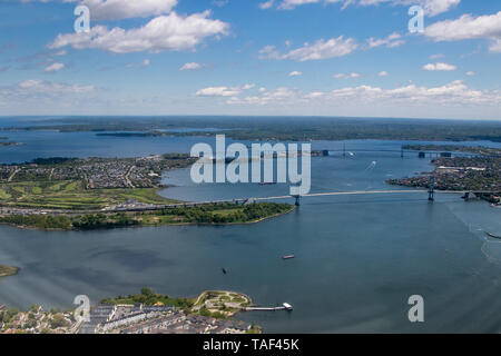 Aerial view of Throgs Neck and Whitestone bridges. Stock Photo