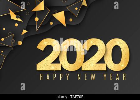 2020 New year greeting card. Golden confetti. Stylish geometrical cover for your design. Fluid design with polygonal shapes. Glitters on a dark backgr Stock Vector