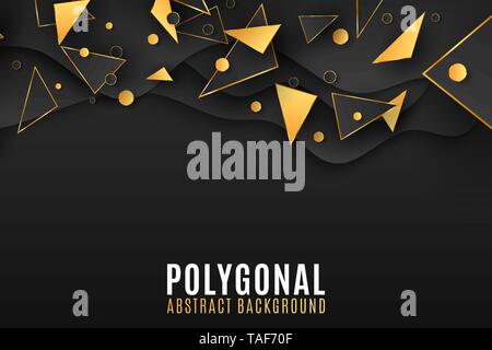Stylish geometric background for your design. Low poly. Black and gold triangles and circles. Fluid design. Random polygonal shapes. Vector illustrati Stock Vector