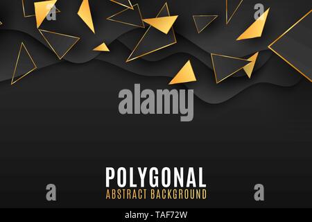 Geometric shapes background. Stylish cover for your design. Low poly style. Black and gold triangles. Fluid design. Polygonal shapes. Vector illustrat Stock Vector
