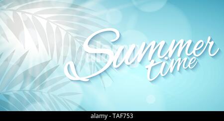 Summer time. Seasonal background. Advertising web banner. Beautiful text. Abstract lights bokeh. Silhouette of a palm tree leaf. Sun rays. Sunny sky.  Stock Vector
