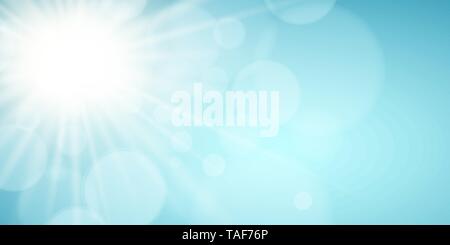 Sunny blue sky. The bright sun shines. Seasonal background. Glares bokeh. Lights bokeh. Vector illustration EPS 10 Stock Vector