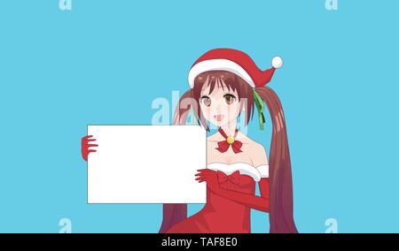 Japanese Asian woman holding white big sign board. Isolated portrait. Cartoon anime manga schoolgirl character. White paper mockup Stock Vector