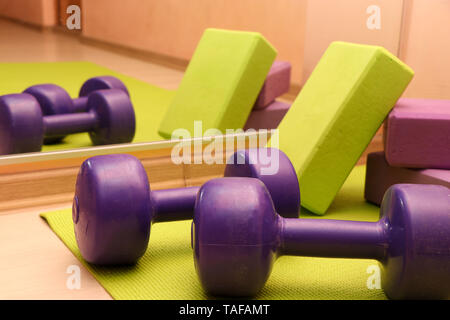 Fitness tools - green and purple cubes and dumbbells on a green mat, sports concept,horizontal photo Stock Photo