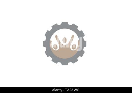 Creative Three People Gear Logo Design Illustration Stock Vector