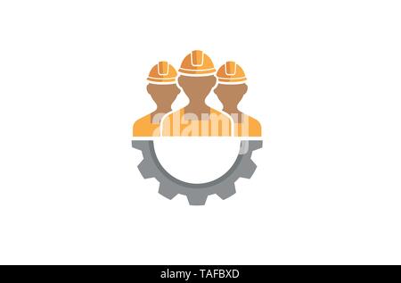 Creative Three People Team Gear Logo Design Illustration Stock Vector