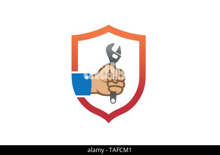 Creative Shield Service Wrench Hand Logo Design Vector Illustration Stock Vector