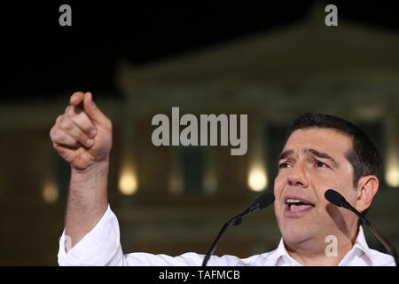 Athens, Greece. 24th May, 2019. Greek Prime Minister Alexis Tsipras addresses his supporters at a pre-election rally in Athens, Greece, on May 24, 2019. Alexis Tsipras on Friday asked for a vote of confidence in his government's post-bailout strategy during this Sunday's European and local elections. Greeks will choose their representatives in the next European parliament as well as regional governors and mayors nationwide on May 26. Credit: Marios Lolos/Xinhua/Alamy Live News Stock Photo