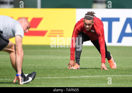 Berlin, Germany. 24th May, 2019. Leipzig's Yussuf Poulsen (R) attends a training session for the upcoming German Cup final match between RB Leipzig and FC Bayern Munich in Leipzig, Germany, on May 24, 2019. Credit: Kevin Voigt/Xinhua/Alamy Live News