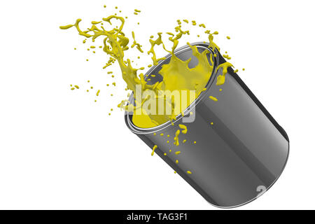 3D Render of a dropped paint can spilling Yellow paint Stock Photo