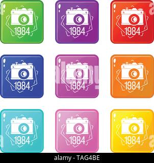 1984 photo camera icons set 9 color collection Stock Vector