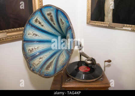 Old vinyl gramophone with blue horn (Speaker), exposed in Kikinda city museum Stock Photo