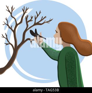 Woman gardening pruning tree, vector Stock Vector