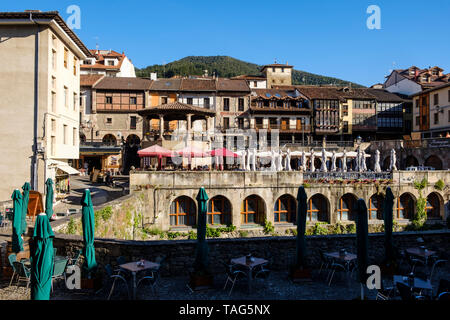The known as jail bridge and the Capitán Palacios Square on the historic old town of Potes in Cantabria, Spain, Europe Stock Photo