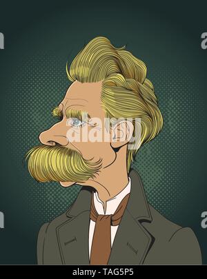 Friedrich Nietzsche (1844-1900) portrait in line art. He was German philosopher, philologist, poet, composer and classical scholar. Editable layers. Stock Vector