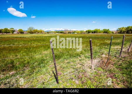 Close-up of barbed wire fence & wooden fence posts against clear blue sky; ranch in Central Colorado; USA Stock Photo