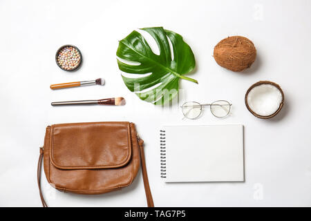 Composition with stylish female items on white background Stock Photo