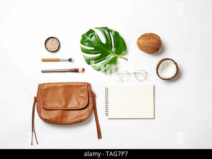 Composition with stylish female items on white background Stock Photo