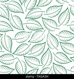 Seamless Pattern, Leaves Green Contours on Tile White Background, Vector Stock Vector
