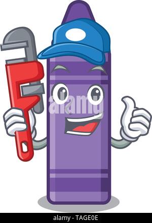 Plumber purple crayon in a mascot bag Stock Vector