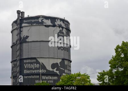 VÖST Tower in Linz, Austria, welcoming visitors in different languages Stock Photo