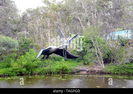 Alexandra Head, Australia - Apr 21, 2019. “SISTERS BY CHOICE” features a black swan (emblem of Maroochy) and an egret (emblem of Xiamen) taking off in Stock Photo