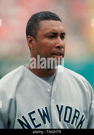 New York Yankee Bernie Williams during a game with the Florida Marlins at Joe Robbie Stadium in 2001 in Miami Florida. Stock Photo