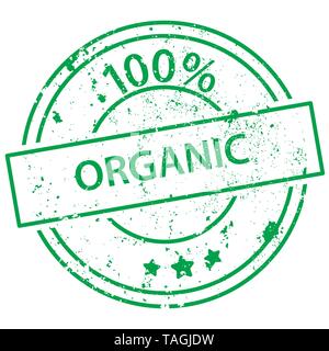 Round green stamp with the words 100% organic  on white background Stock Vector