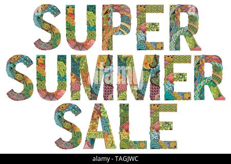 Hand-painted art design. Hand drawn illustration words super summer sale for t-shirt and other decoration Stock Vector
