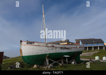 Fishing vessel Dina (circa 1948) is now part of the museum in the village of Paamiut on the west coast of Greenland. Stock Photo