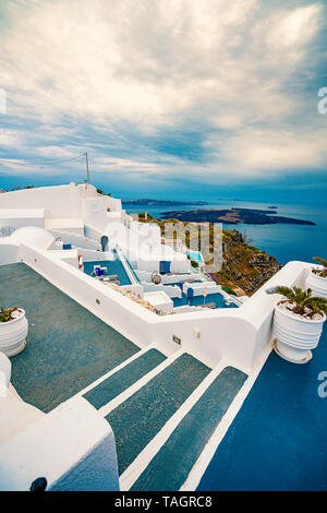 Santorini Island in Greece, one of the most beautiful travel destinations of the world. Stock Photo