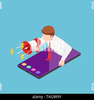 Flat 3d isometric businessman shouting out with megaphone come up from smartphone. Online business advertising and referral marketing concept. Stock Vector