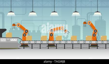 Automation factory concept with robot working flat design vector illustration Stock Vector