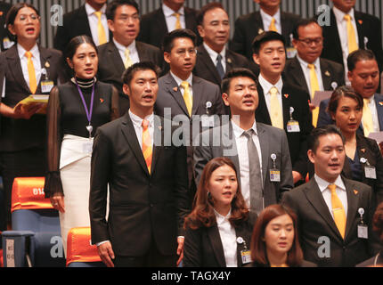 Thanathorn Juangroongruangkit and his party members seen during the meeting room at the TOT Plc’ auditorium in Bangkok. Thanathorn Juangroongruangkit, the Future Forward Party leader has now officially discontinued indefinitely his MP duty by the order of the Constitutional Court after Thanathorn may have breach the laws by still owning shares in a media company while being registering as an MP candidate. Stock Photo
