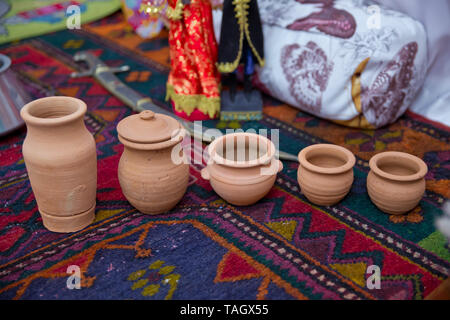 Opened vintage ceramic pot .Big vintage used jar .Ceramic pot for food Stock Photo