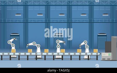 Automation factory concept with robot working flat design vector illustration Stock Vector