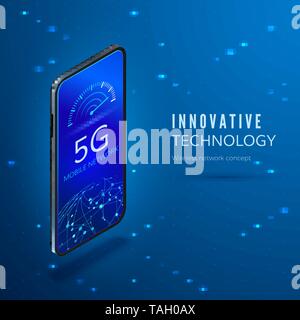 5G concept. Fifth generation mobile wireless network isometric banner. Smartphone with arrow moving to maximum on data transfer rate scale. Vector ill Stock Vector
