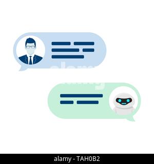 Chatbot robot concept. Dialog help service. User ask question and bot give answer. Vector illustration isolated on white background Stock Vector