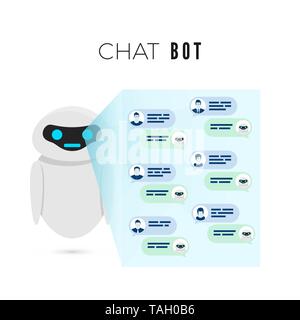 Chatbot concept. Robot projects a screen with messages from users and leads dialog with them. Vector illustration Stock Vector