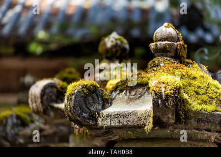 Nikko, Japan Toshogu temple in Tochigi during spring with stone lanterns closeup and moss with bokeh background of roof Stock Photo