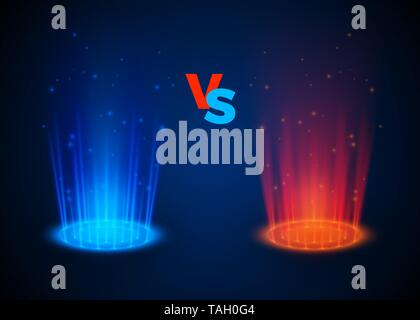 Versus glowing spotlight red and blue colors. Abstract hologram. VS battle scene with rays and sparks. vector illustration Stock Vector