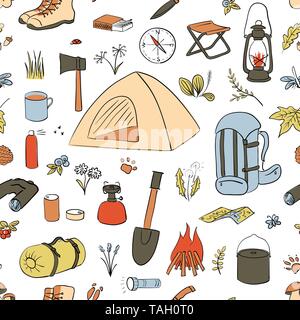 Camping Hiking icons colored sketch seamless vector pattern. Camping equipment collection. Binoculars, bowl, barbecue, lantern, bbq, Backpack, tent, c Stock Vector
