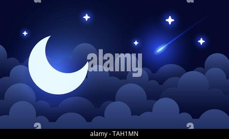 Mystical Night sky background with half moon, clouds and stars. Moonlight night. Vector Stock Vector