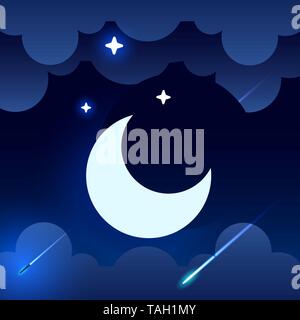 Mystical Night sky background with half moon, clouds and stars. Moonlight night. Vector Stock Vector