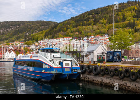 Hardangerfjordekspressen, high speed passenger catamaran Rygerfonn at the quay in the port of Bergen, Norway. Stock Photo