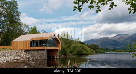 Beautiful wood and stone boathouse on the shore of Derwent Water in the English Lake District Stock Photo