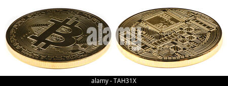 Golden bitcoin isolated on white background. Front and back sides are shown. High resolution photo. With clipping path. Full depth of field. Stock Photo