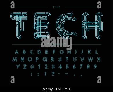Cyber Tech Font. Contour scheme style vector alphabet. Letters and numbers for digital product, security system logo, banner, monogram and poster Stock Vector