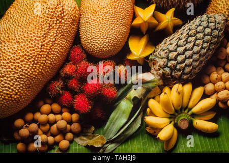 Fruits from Malaysia, Star fruit, babana, rambutan, langsat, chempedak or cempedak, Stock Photo